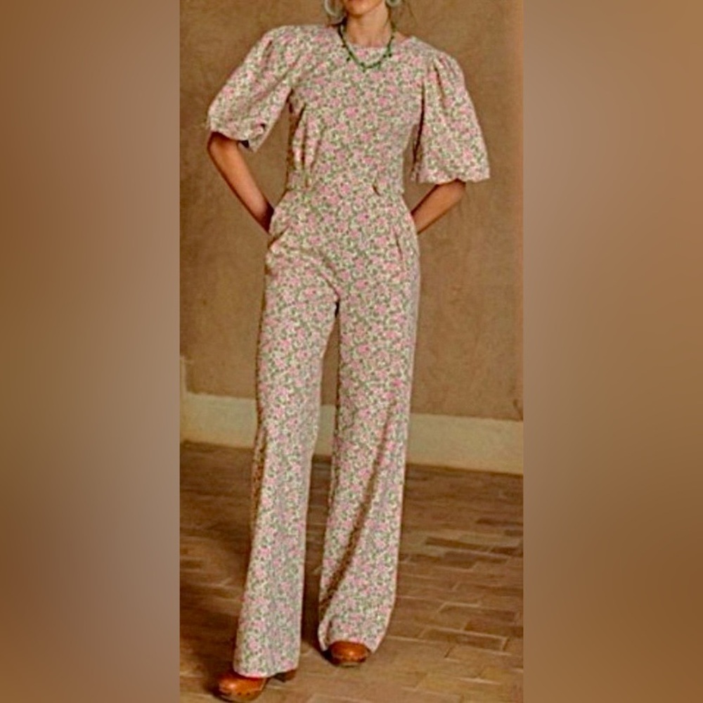 Sézane Claude Jumpsuit Wide Legs Balloon Sleeves Linen/Cotton Pink Green Size 2